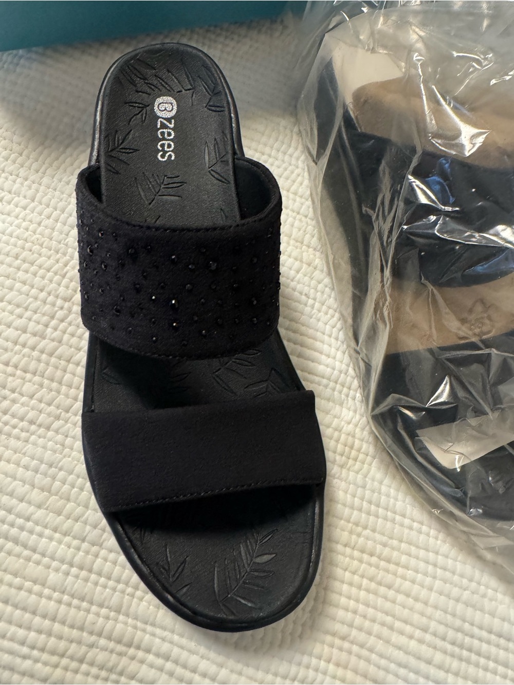 Bzees Black Double-Strap Slide Sandals with Beaded Detail